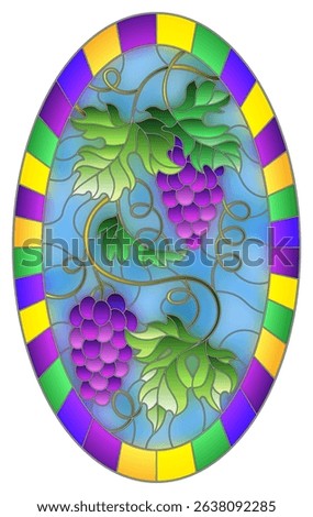 The illustration in stained glass style painting with a bunch of red grapes and leaves on a sky background, oval image in bright frame 