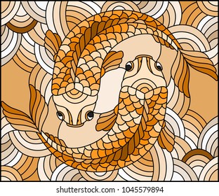 Illustration in stained glass style with a pair of gold fish on water wavy background,Sepia,tone, brown