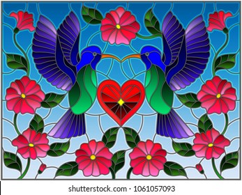 Illustration in stained glass style with a pair of hummingbirds and a heart against the sky and flowers