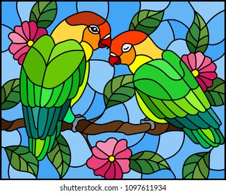 Illustration in stained glass style  with pair of birds parrots lovebirds on branch  tree with pink flowers against the sky