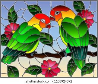 Illustration in stained glass style  with pair of birds parrots lovebirds on branch  tree with pink flowers against the sky