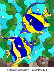 Illustration in stained glass style with a with a pair of striped yellow-blue fishes on the background of water and algae