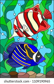 Illustration in stained glass style with a pair bright fishes on the background of water and algae