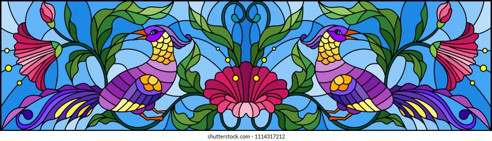 Illustration in stained glass style with a pair of abstract birds , flowers and patterns on a blue  background , horizontal image