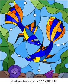 Illustration in stained glass style with a pair of guppies on the background of water and algae