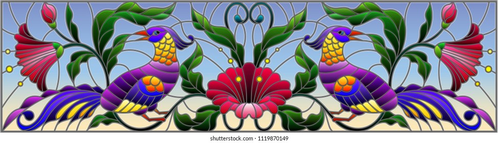 Illustration in stained glass style with a pair of abstract birds , flowers and patterns on a sky   background , horizontal image