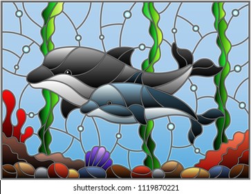 Illustration in stained glass style with a pair of dolphins on the background of water and the seabed