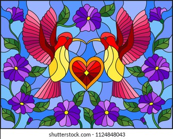 Illustration in stained glass style with a pair of hummingbirds and a heart against the sky and flowers