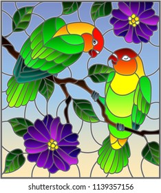 Illustration in stained glass style  with pair of birds parrots lovebirds on branch  tree with purple flowers against the sky