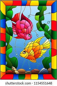 Illustration in stained glass style with a pair of princess parrotfish on the background of water and algae in bright frame 