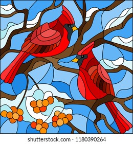 Illustration in stained glass style , pair of birds cardinals sitting on a branch of mountain ash on a background of sky and no snow