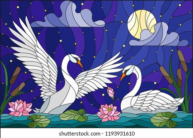 Illustration in stained glass style with pair of Swans , Lotus flowers and reeds on a pond in the moon, starry sky and clouds