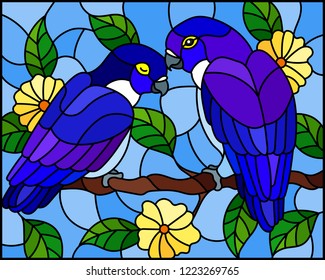 Illustration in stained glass style  with pair of blue birds parrots on branch  tree with yellow  flowers against the sky