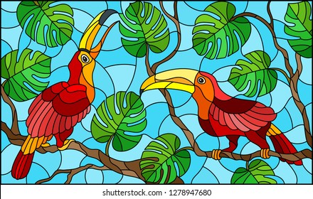 Illustration in stained glass style ,pair of red  birds  on branch tropical tree against the sky