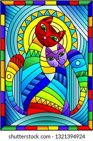 Illustration in stained glass style with a pair of abstract geometric rainbow cats on a blue background with sun in bright frame 