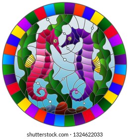 Illustration in stained glass style with a pair of fish seahorse on the background of water and algae,round  picture in a bright frame 