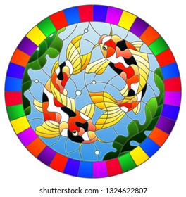 Illustration in stained glass style with a pair of carps on the background of water and algae,oval picture in a bright frame