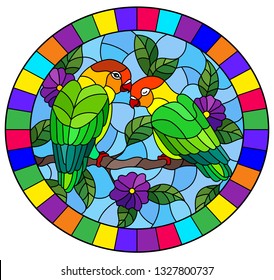 Illustration in stained glass style  with pair of birds parrots lovebirds on branch  tree with purple  flowers against the sky, oval image in bright frame