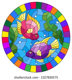 Illustration in stained glass style with a pair bright fishes on the background of water and algae,oval picture in a bright frame