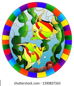 Illustration in stained glass style with a pair bright fishes on the background of water and algae,oval picture in a bright frame