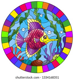 Illustration in stained glass style with a pair bright pink  fish on the background of water and algae,oval picture in a bright frame
