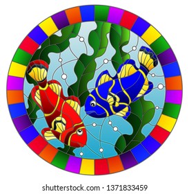 Illustration in stained glass style with a pair bright fishes on the background of water and algae,oval picture in a bright frame