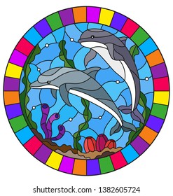 Illustration in stained glass style with a pair of dolphins on the background of water and the seabed,oval image in bright frame