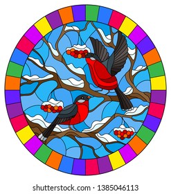 Illustration in stained glass style with a pair of bullfinches, on the background of snow-covered mountain ash tree,oval image in bright frame