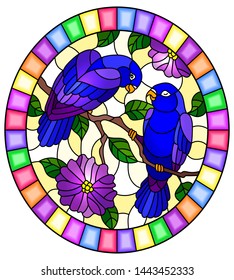 Illustration in stained glass style  with pair of blue birds parrots  on branch  tree with purple  flowers , oval image in bright frame