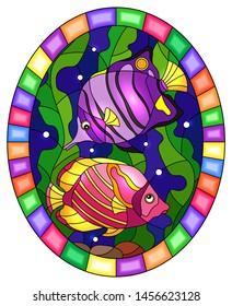 Illustration in stained glass style with a pair bright fishes on the background of water and algae,oval picture in a bright frame