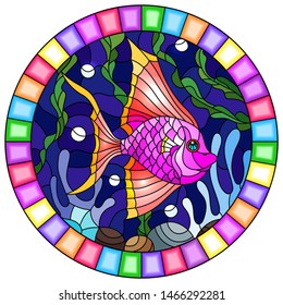 Illustration in stained glass style with a pair bright pink  fish on the background of water and algae,oval picture in a bright frame