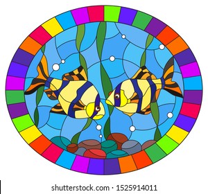 Illustration in stained glass style with a pair of barbs on the background of water and algae, oval image in bright frame 