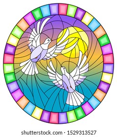 Illustration in stained glass style with a pair of white doves on the background of the daytime sky , oval picture in a bright frame