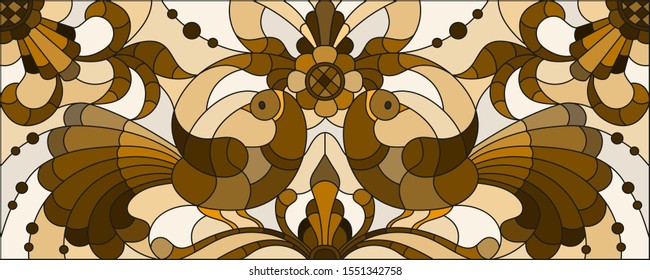 Illustration in stained glass style with a pair of abstract birds , flowers and patterns on a light background , horizontal image, tone brown