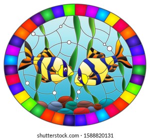 Illustration in stained glass style with a pair of barbs on the background of water and algae, oval image in bright frame 