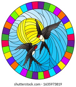 Illustration in stained glass style a pair of swallows on the background of sky and  sun, oval image in bright frame