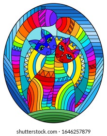 Illustration in stained glass style with a pair of abstract geometric rainbow cats on a blue background with sun, oval image