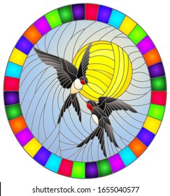 Illustration in stained glass style a pair of swallows on the background of sky and  sun, oval image in bright frame