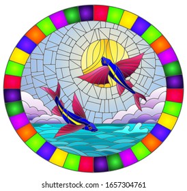 Illustration in stained glass style with a pair of flying fish on the background of water ,cloud, sky and sun, oval image in bright frame 