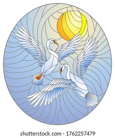 Illustration in stained glass style with a pair of  swans on the background of the blue daytime sky, oval image