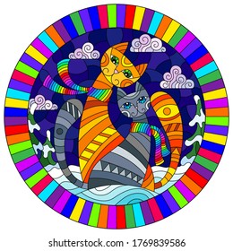 An illustration in a stained glass style with a pair of funny cartoon cats against a winter landscape, a round image in a bright frame