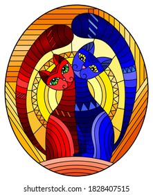 Illustration in stained glass style with a pair of abstract geometric cats on an orange background with sun, oval image