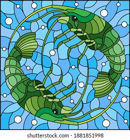 Illustration in stained glass style with a pair of shrimps on a background of water and air bubbles, rectangular image