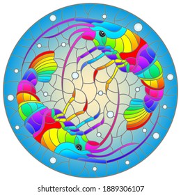 Illustration in stained glass style with a pair of rainbow shrimp on a background of water and air bubbles, round image