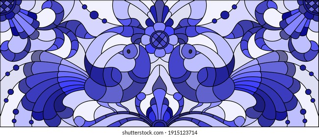 Illustration in stained glass style with a pair of abstract birds , flowers and patterns on a light background , horizontal image, tone blue