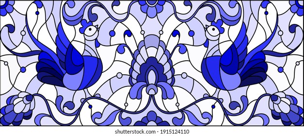 Illustration in stained glass style with a pair of abstract roosters , flowers and patterns on a light background , horizontal image, monochrome tone blue