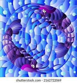 Illustration in stained glass style with a pair of shrimps on a background of water and air bubbles, rectangular image