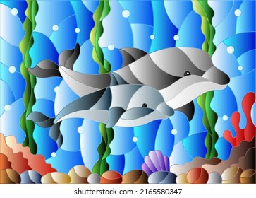 Illustration in stained glass style with a pair of dolphins on the background of water and the seabed