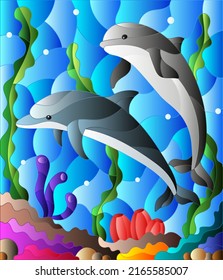 Illustration in stained glass style with a pair of dolphins on the background of water and the seabed