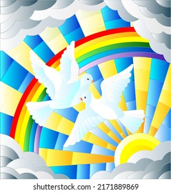 Illustration In Stained Glass Style With A Pair Of White Pigeons Is Not The Background Of The Sunny Sky , Rainbow And Clouds